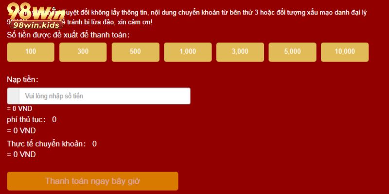 Người chơi điền thông tin để nạp tiền qua ngân hàng